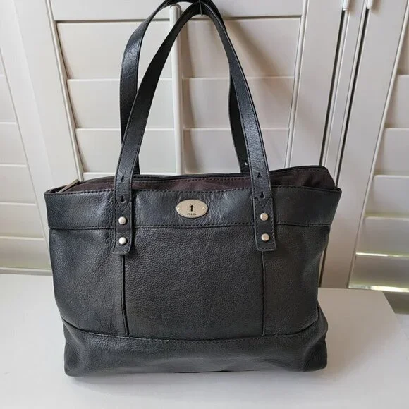 FOSSIL Black Leather Maddox XL Laptop Work Tote Shoulder Bag - Picture 3 of 13